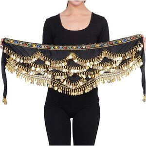 Women's Black Triangular Belly Dancing Hip Scarf Wrap Skirt with Gold Coins